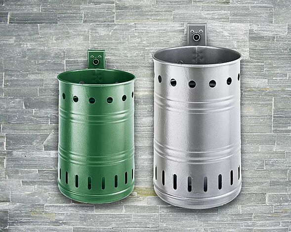 Abfallbehälter NOSTALGIA, mit Lochoptik, 20 Liter, in RAL 6005 moosgrün<br /> <br /> Abfallbehälter NOSTALGIA, mit Lochoptik, 35 Liter, in DB 703 eisenglimmer