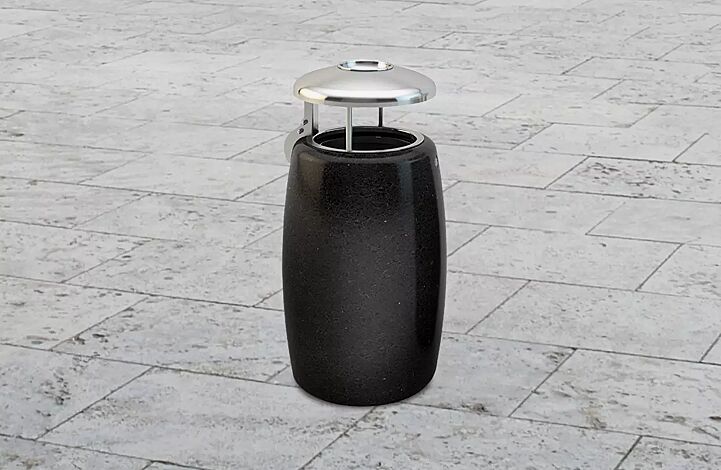 <div id=""container"" class=""container"">Abfallbehälter ORIONE aus rekonstituiertem Marmor geschliffen, mit Edelstahl-Schutzdach und Ascher, in schwarz ebano</div>