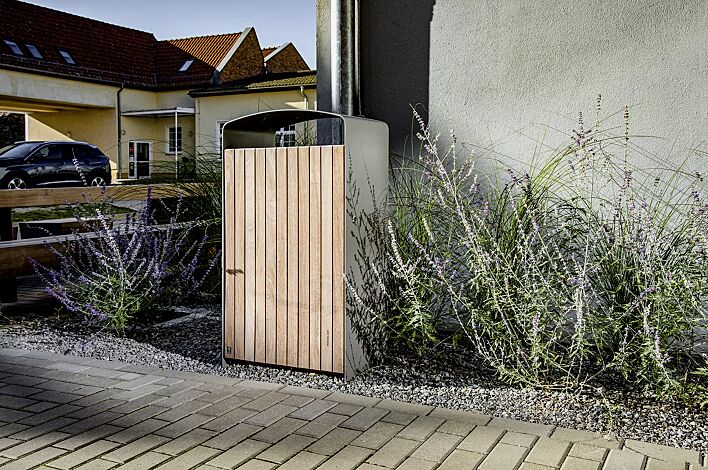 Abfallbehälter PRAX, 120 Liter, Korpus: Jatobaholzbelattung, Stahlteile in RAL 9007 graualuminium