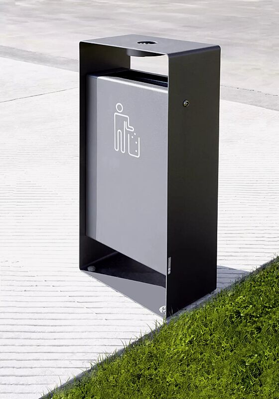 abfallbehaelter-radium__shoKAT0058465 Abfallbehälter RADIUM mit Ascher, Rahmen in RAL 7016 anthrazitgrau, Behälter in RAL 9006 weißaluminium, Siebdruck in RAL 9003 signalweiß