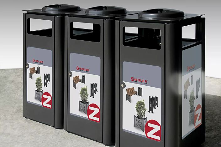 Abfallbehälter SQUARE TRIO in Sonderausführung auf Anfrage (Korpus mit Alu-Dibond auf Kundenwunsch bedruckt)