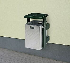 <div id="container" class="container">Abfallbehälter STRATFORD, mit Ascher, Schutzdach und Ständer in RAL 6005 moosgrün, Behälter feuerverzinkt</div>
