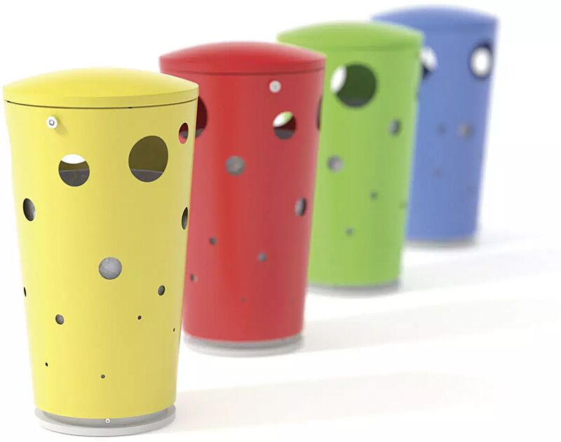 abfallbehaelter-swissbin__shoKAT0037852 Abfallbehälter SWISSBIN zum freien Aufstellen, in RAL 1021 rapsgelb, RAL 3020 verkehrsrot, RAL 6018 gelbgrün, RAL 5015 himmelblau