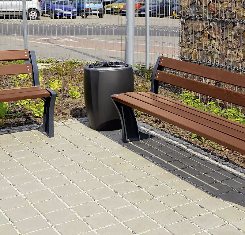 abfallbehaelter-tallin__shoKAT0053978 Abfallbehälter TALLIN in RAL 7016 anthrazitgrau und Sitzbank TALLIN mit Rückenlehne, Stahlteile in RAL 7016 anthrazitgrau