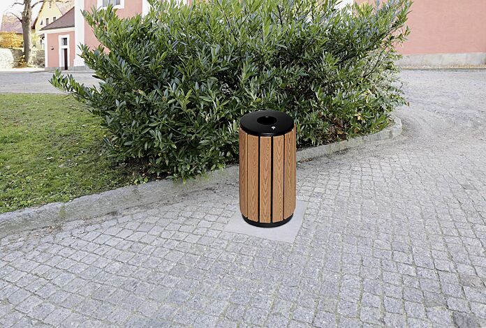 Abfallbehälter WORCESTER, zylindrisch, 70 Liter, mit WPC-Belattung in Kirsche hell