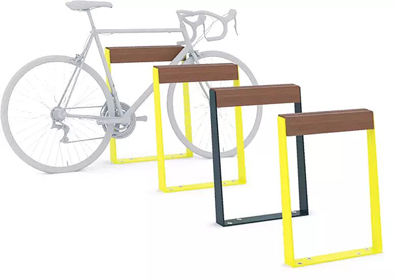 anlehnbuegel-bikeblocq__shoKAT0056397 Anlehnbügel BIKEBLOCQ mit Jatoba-Holzlatte, Stahlteile in RAL 7016 anthrazitgrau und RAL 1021 rapsgelb