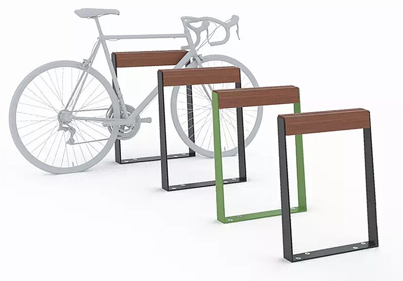 anlehnbuegel-bikeblocq__shoKAT0056428 Anlehnbügel BIKEBLOCQ mit Jatoba-Holzlatte, Stahlteile in RAL 6010 grasgrün und RAL 7016 anthrazitgrau