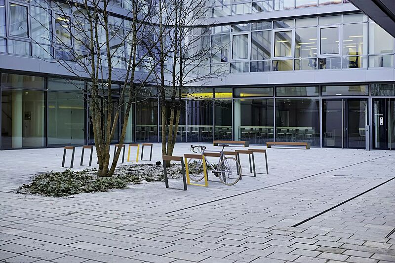 Anlehnbügel BIKEBLOCQ mit Jatoba-Holzlatte, Stahlteile in RAL 7016 anthrazitgrau und RAL 1021 rapsgelb