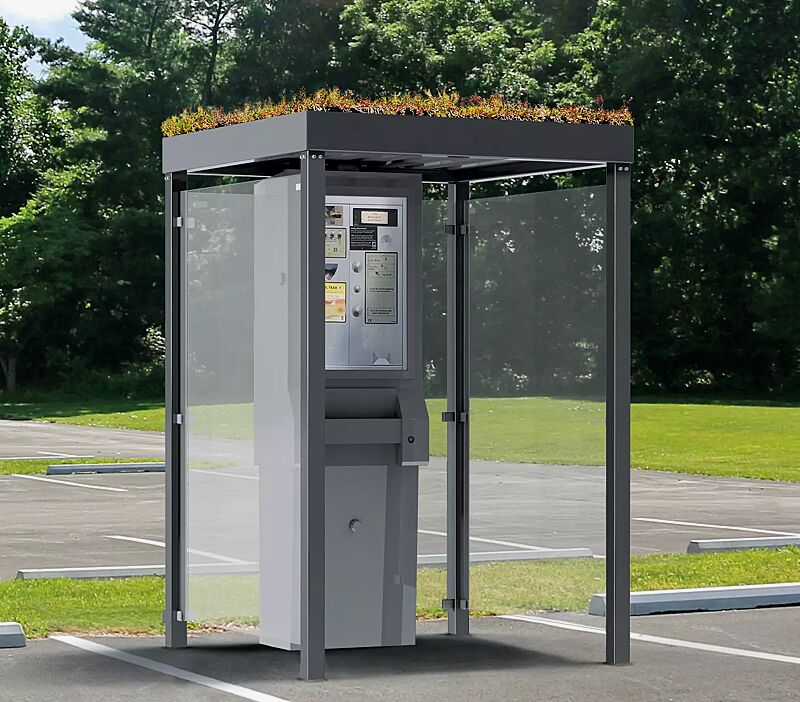 Automatenüberdachung GEMALA GREEN, Dachbreite x Dachtiefe 1600 mm x 1600 mm, Rück- / Seitenwände ESG, Klarglas, Stahlkonstruktion in RAL 7016 anthrazitgrau