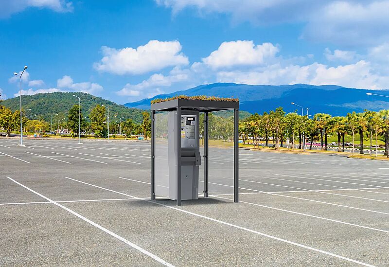 automatenueberdachung-gemala-green__shoKAT0069449 Automatenüberdachung GEMALA GREEN, Dachbreite x Dachtiefe 1600 mm x 1600 mm, Rück- / Seitenwände ESG, Klarglas, Stahlkonstruktion in RAL 7016 anthrazitgrau