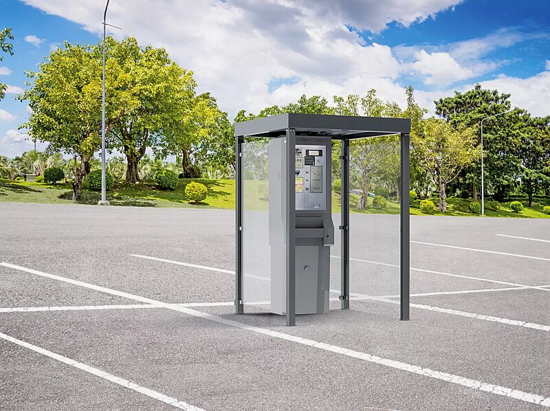 Automatenüberdachung GEMALA, Dachbreite x Dachtiefe 1600 mm x 1600 mm, Rück- / Seitenwände ESG, Klarglas, Stahlkonstruktion in RAL 7016 anthrazitgrau