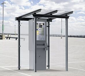 Automatenüberdachung PEGASUS, Dachbreite x Dachtiefe 1800 mm x 2000 mm, Rück- und Seitenwände ESG, Klarglas, Stahlkonstruktion in RAL 7016 anthrazitgrau