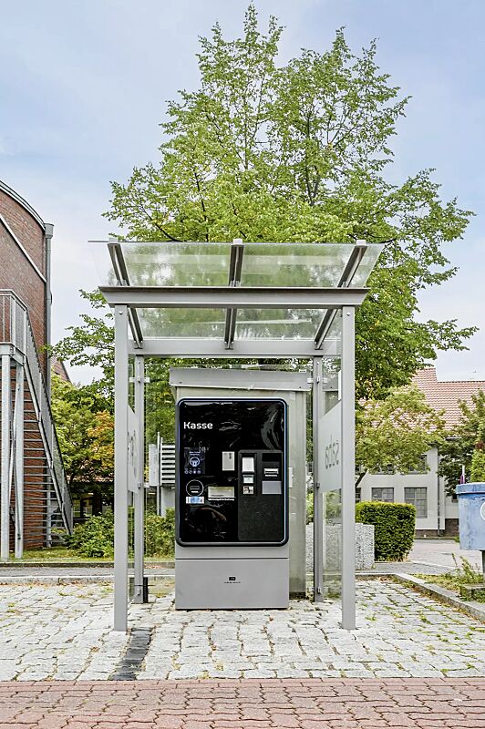 automatenueberdachung-pegasus__shoKAT0069887 Automatenüberdachung PEGASUS, Dachbreite x Dachtiefe 1800 mm x 2000 mm, mit Rück- und Seitenwände ESG, Klarglas, Scheibendekor bauseits, Stahlkonstruktion in RAL 9007 graualuminium