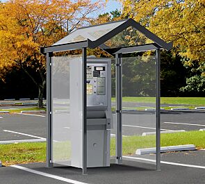 Automatenüberdachung TANGENTA, Dachbreite x Dachtiefe 1700 mm x 2000 mm, Rück- und Seitenwände ESG, Klarglas, Stahlkonstruktion in RAL 7016 anthrazitgrau