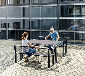 Sitzbänke ETHOS mit Rückenlehne und Tisch ETHOS, in RAL 7016 anthrazitgrau