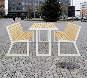 <div id=""container"" class=""container"">Bank-Tisch-Kombination MANTUA mit Rückenlehne, Aluminiumprofile in Holzoptik, Stahlteile in RAL 9003 signalweiß</div>