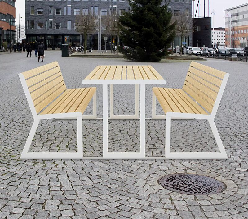 Bank-Tisch-Kombination MANTUA mit Rückenlehne, Aluminiumprofile in Holzoptik, Stahlteile in RAL 9003 signalweiß