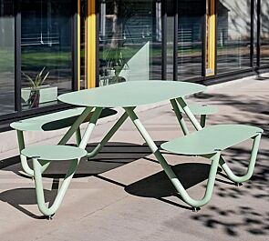 Bank-Tisch-Kombination ORBIT mit ovalem Tisch, 6-Sitzer, Aluminium-Auflage und Stahlteile in RAL 6019 weißgrün