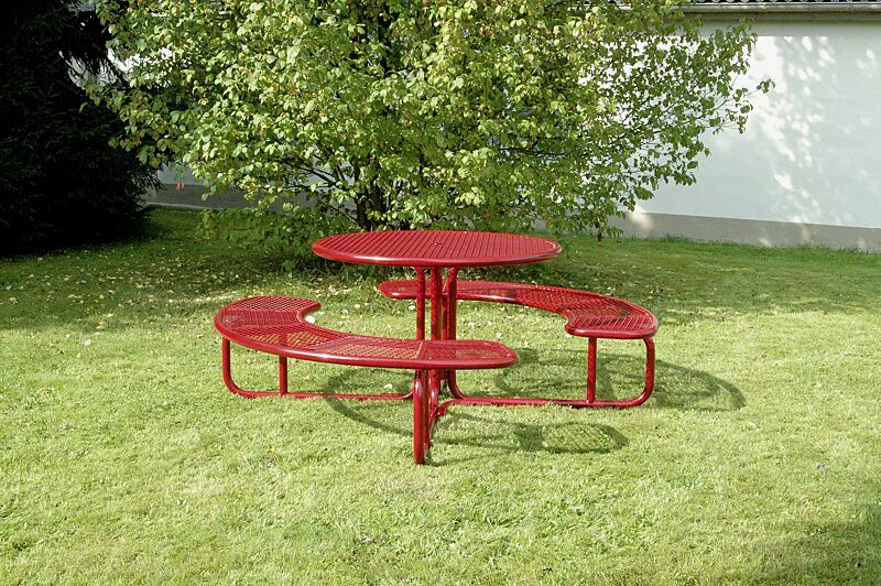 bank-tisch-kombination-pavia__shoKAT0037934 Bank-Tisch-Kombination PAVIA, rund, in RAL 3000 feuerrot