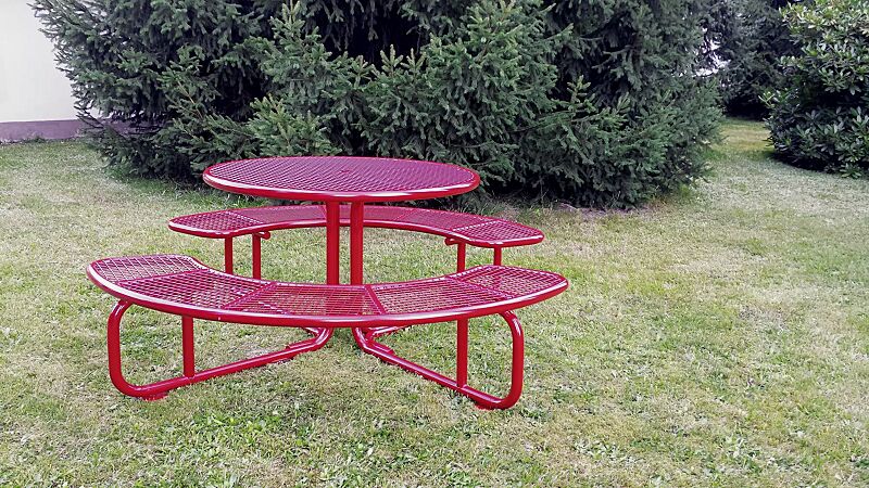 bank-tisch-kombination-pavia__shoKAT0037938 Bank-Tisch-Kombination PAVIA, rund, in RAL 3000 feuerrot