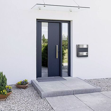 Briefkasten ORGON mit Edelstahl Klappe und gravierten Edelstahlschild in DB703
