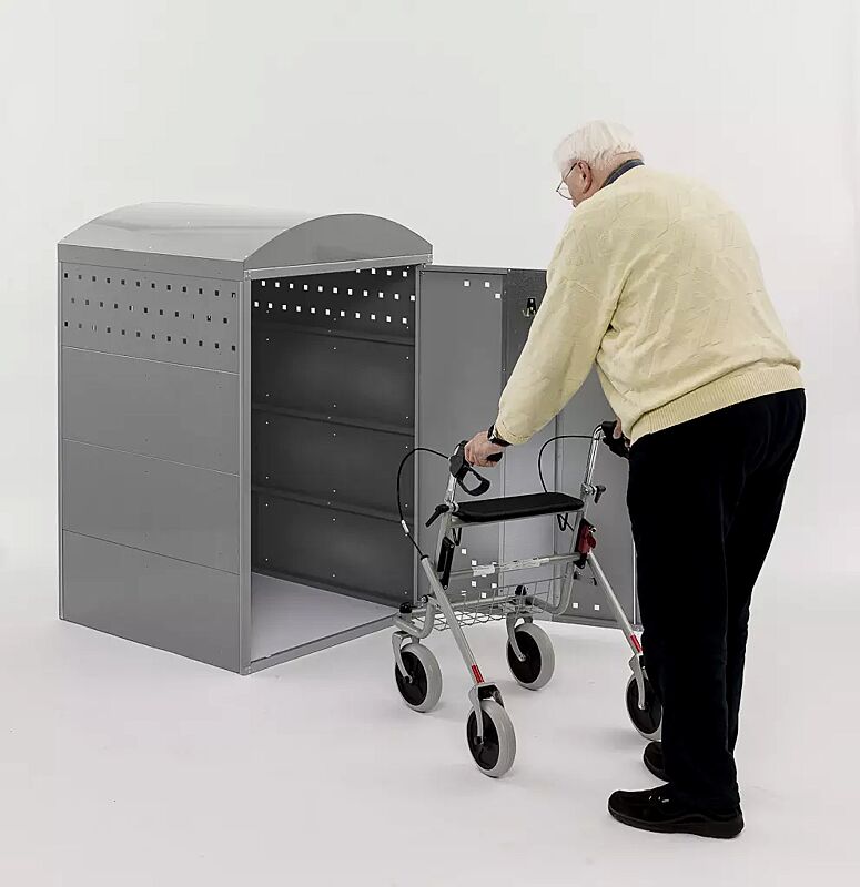 buggy---kinderwagenbox-rollator---rollstuhlgarage-lexington__shoKAT0064155 Rollatorgarage LEXINGTON NEW, Grundeinheit mit Bogendach, Türanschlag DIN rechts, Stahlkonstruktion in RAL 7040 fenstergrau