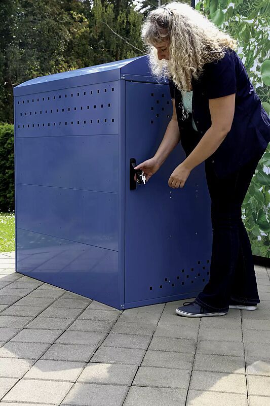 buggy---kinderwagenbox-rollator---rollstuhlgarage-lexington__shoKAT0064160 Kinderwagenbox LEXINGTON NEW, Grundeinheit mit Bogendach, Türanschlag DIN rechts, Stahlkonstruktion in RAL 5000 violettblau