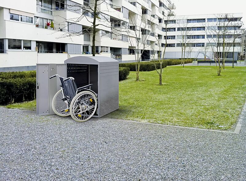 buggy---kinderwagenbox-rollator---rollstuhlgarage-lexington__shoKAT0064167 Rollstuhlgarage LEXINGTON NEW, Grundeinheit mit Bogendach, Türanschlag DIN links (auftragsbezogene Anpassung), Stahlkonstruktion in RAL 7040 fenstergrau