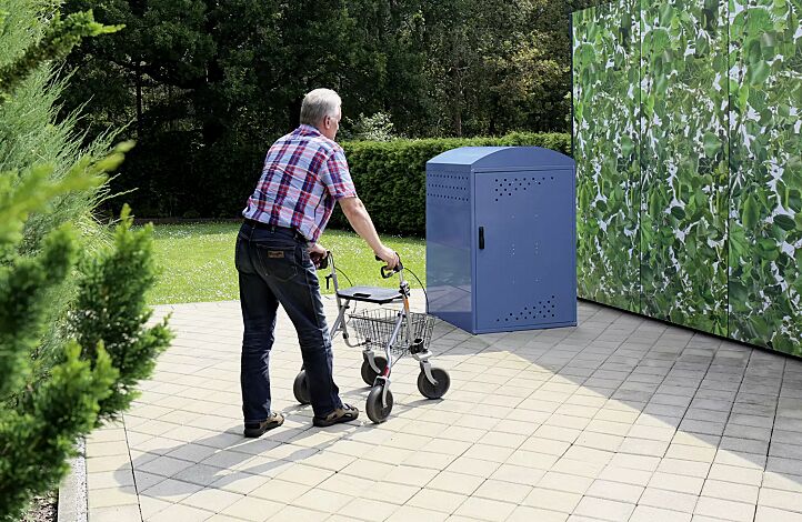 <div id=""container"" class=""container"">Rollatorgarage LEXINGTON NEW, Grundeinheit mit Bogendach, Türanschlag DIN rechts, Stahlkonstruktion in RAL 5000 violettblau</div>