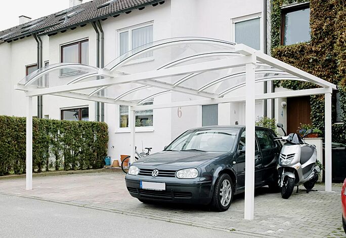 Pkw-Überdachung KALLISTO für 2 Pkw, Dachbreite x Dachtiefe 5120 mm x 5000 mm, Dacheindeckung Polycarbonat, Stahlkonstruktion in RAL 9010 reinweiß <br /><br />Pkw-Überdachung KALLISTO für 2 Pkw Dachbreite x Dachtiefe 5120 mm x 5000 mm, Dacheindeckung Polycarbonat, klar transparent, Stahlkonstruktion in RAL 9010 reinweiß