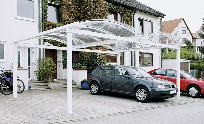 Pkw-Überdachung KALLISTO für 2 Pkw, Dachbreite x Dachtiefe 5120 mm x 5000 mm, Stahlkonstruktion in RAL 9010 reinweiß
