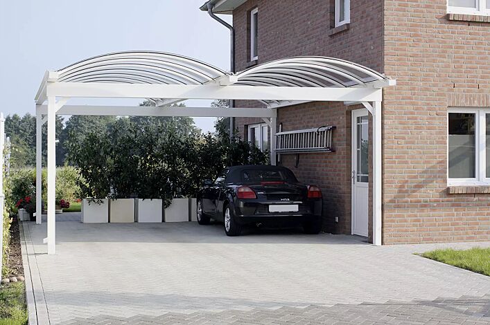 Pkw-Überdachung KALLISTO für 2 Pkw, mit auftragsbezogener Anpassung der Dachbreite x Dachtiefe 5120 mm x 6000 mm, Stahlkonstruktion in RAL 9010 reinweiß
