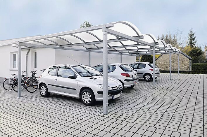 Pkw-Überdachung KALLISTO mit auftragsbezogener Anpassung für 6 Pkw, Dachbreite x Dachtiefe 15120 mm x 5000 / 10000 mm, Dacheindeckung Polycarbonat, opal transparent, Stahlkonstruktion feuerverzinkt
