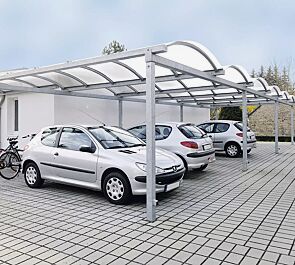 Pkw-Überdachung KALLISTO mit auftragsbezogener Anpassung für 6 Pkw, Dachbreite x Dachtiefe 15120 mm x 5000 / 10000 mm, Dacheindeckung Polycarbonat, opal transparent, Stahlkonstruktion feuerverzinkt