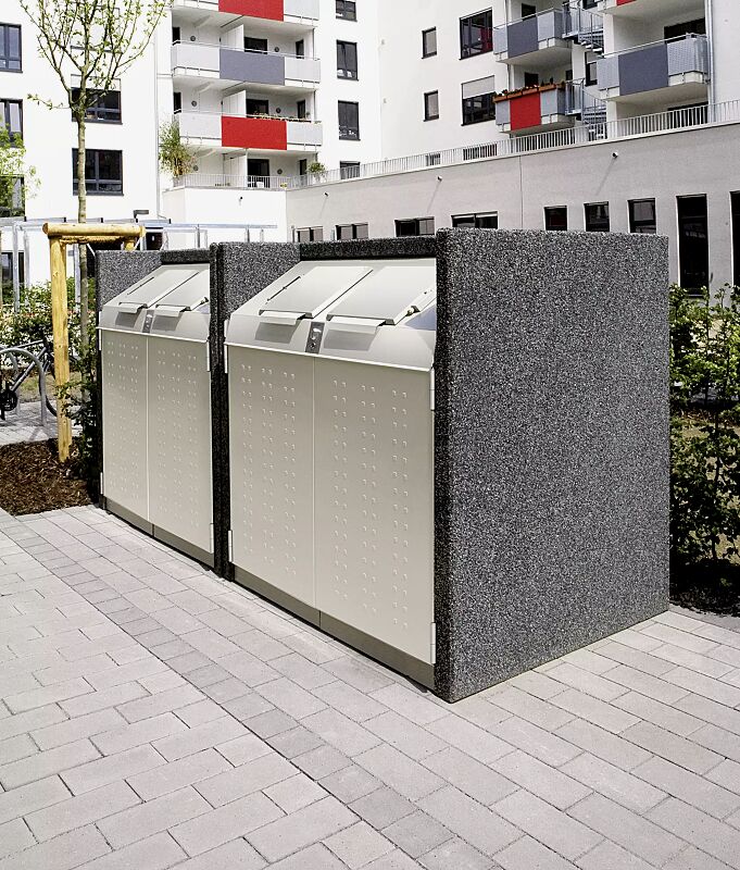 containerbox-darwen__shoKAT0041873 Containerbox DARWEN, Korpus revulkan® schwarz, Stahlteile in RAL 7044 seidengrau (Sonderlackierung) mit zentraler Schließung (Mehrpreis) und Kennzeichnung des Einwurfs (auf Anfrage gegen Mehrpreis)