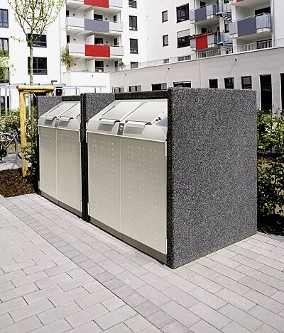 Containerbox DARWEN, Korpus revulkan® schwarz, Stahlteile in RAL 7044 seidengrau (Sonderlackierung) mit zentraler Schließung (Mehrpreis) und Kennzeichnung des Einwurfs (auf Anfrage gegen Mehrpreis)