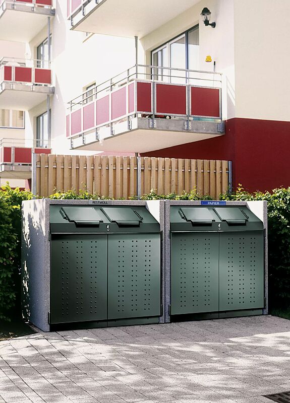 containerbox-darwen__shoKAT0041911 Containerbox DARWEN, Korpus procarat mixed, Stahlteile in RAL 1904015 jadegrün mit zentraler Schließung (Mehrpreis) und Kennzeichnung des Einwurfs (auf Anfrage gegen Mehrpreis)