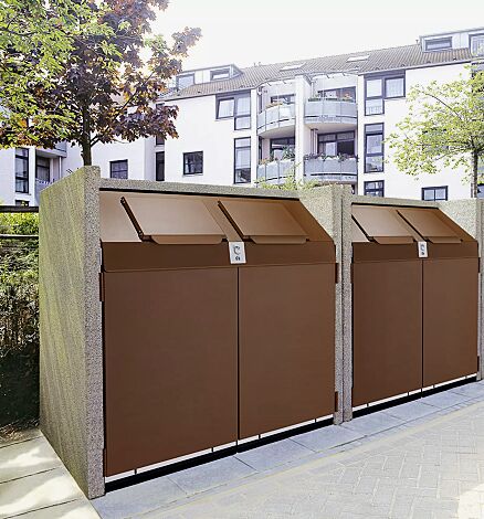 Containerbox SWANLEY, Korpus Sichtbeton feingestockt in redomit®, Stahlteile in cognacbraun, mit zentralem Verschlusssystem (Mehrpreis)