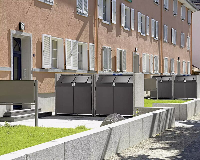 containerbox-swanley__shoKAT0035096 Containerboxen SWANLEY, Korpus procarat® mixed, Stahlteile in RAL 7016 anthrazitgrau, mit zentraler Schließung (Mehrpreis) und Wertstoffkennzeichnung (auf Anfrage gegen Mehrpreis)