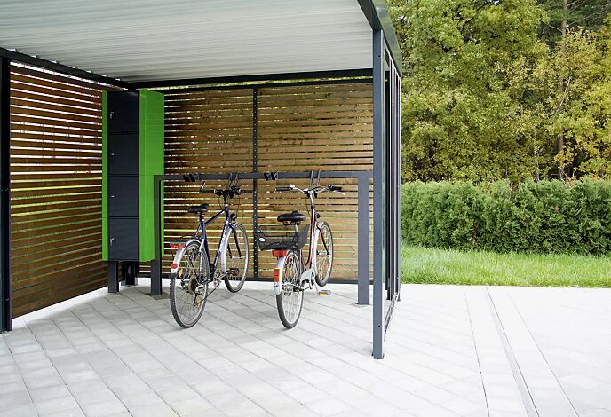 Design-Lenkerhaltesystem UNIT einseitig, 4 Stellplätze, in RAL 7016 anthrazitgrau, integriert in Fahrradüberdachung MULTIPORT mit Schließfachanlage