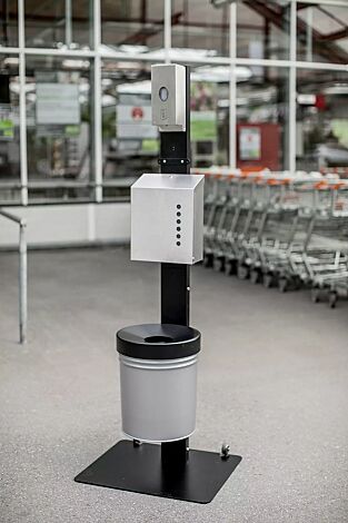 <div id="container" class="container">Desinfektionsstation PREVENTDES mit Sensor-, Papierspender und Abfallbehälter</div>
