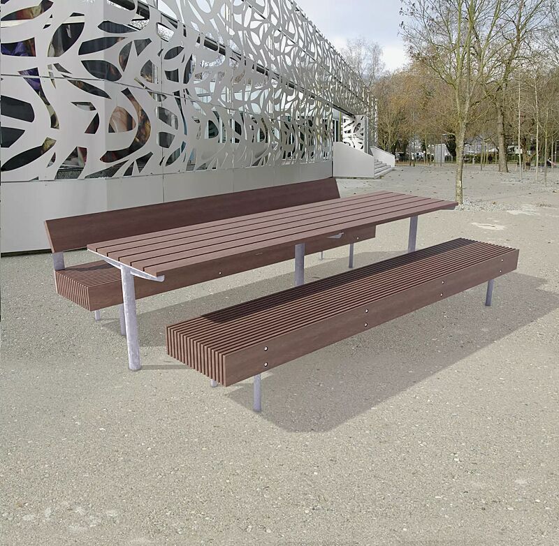 Bank-Tisch-Kombination WOODY bestehend aus einem Tisch, Sitzbank mit und ohne Rückenlehne, mit Jatobaholzbelattung