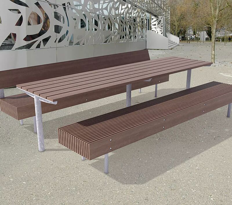 Bank-Tisch-Kombination WOODY bestehend aus einem Tisch, Sitzbank mit und ohne Rückenlehne, mit Jatobaholzbelattung