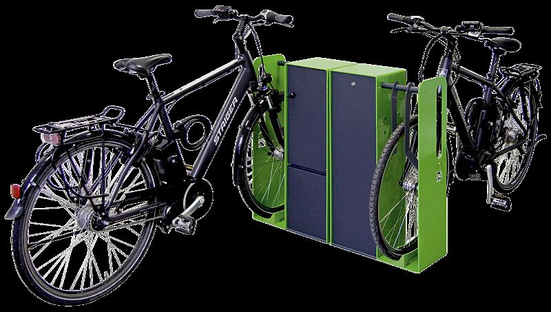 Fahrrad-Abstellanlage VELO-CONNECTOR für zwei Fahrräder gegenüber: Radeinstellung jeweils links