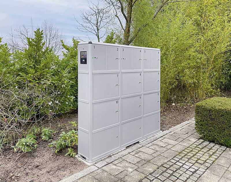 e-bike-ladestellenschrank-amaro__shoKAT0072352 E-Bike-Ladestellenschrank AMARO, auftragsbezogene Anpassung mit zentraler Steuereinheit links, 6 große und 6 kleine Ladefächer, PIN-Code-Autorisierung