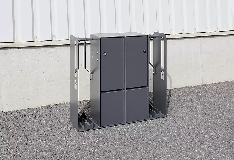 fahrrad-abstellanlage-velo-connector__shoKAT0069527 Fahrrad-Abstellanlage VELO-CONNECTOR mit Ladeschließfach, Radeinstellung links bzw. rechts, Münzpfandschloss, Stahlteile in RAL 7016 anthrazitgrau