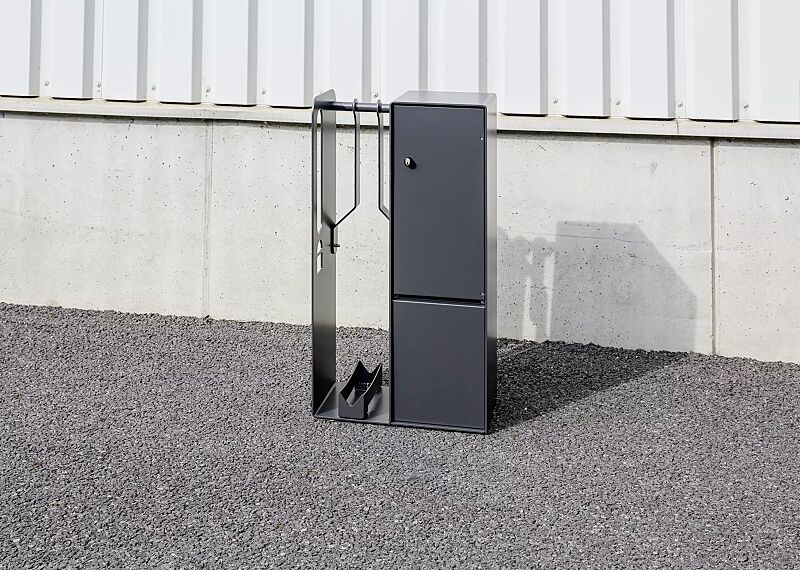 fahrrad-abstellanlage-velo-connector__shoKAT0069531 Fahrrad-Abstellanlage VELO-CONNECTOR mit Ladeschließfach, Radeinstellung links, Münzpfandschloss, Stahlteile in RAL 7016 anthrazitgrau