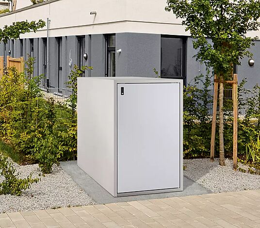<div id="container" class="container">Fahrradgarage ARLINGTON, Korpus Sichtbeton glatt, basisgrau, Türblatt RAL 7035 lichtgrau</div>