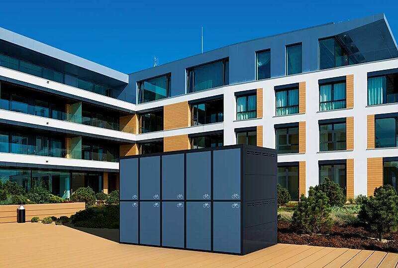 Fahrradgarage FULLERTON-E für 10 Fahrräder, doppelstöckig, für Zugangs- und Buchungssystem SmartBikeBox®, Höhe x Breite x Tiefe 2860 mm x 4420 mm x 2100 mm, Stahlkonstruktion in RAL 7016 anthrazitgrau, Türen in RAL 5009 azurblau, Beschriftung gegen Meh...