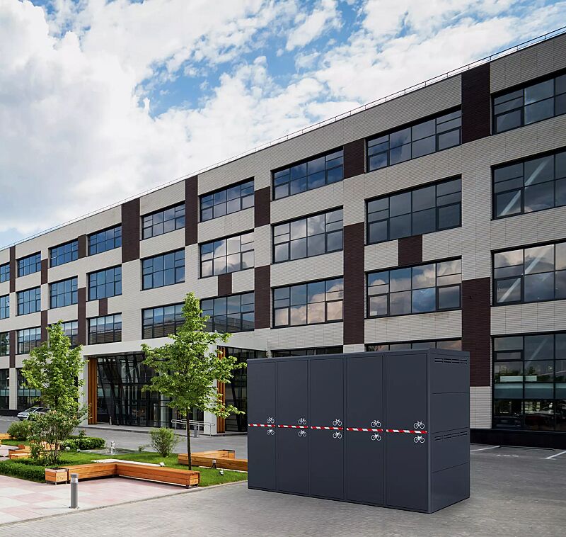 Fahrradgarage FULLERTON-E für 10 Fahrräder, doppelstöckig, für Zugangs- und Buchungssystem SmartBikeBox®, Höhe x Breite x Tiefe 2885 mm x 4483 mm x 2100 mm, mit Sicherheitsmarkierung, Stahlkonstruktion in RAL 7016 anthrazitgrau, Beschriftung gegen Mehr...